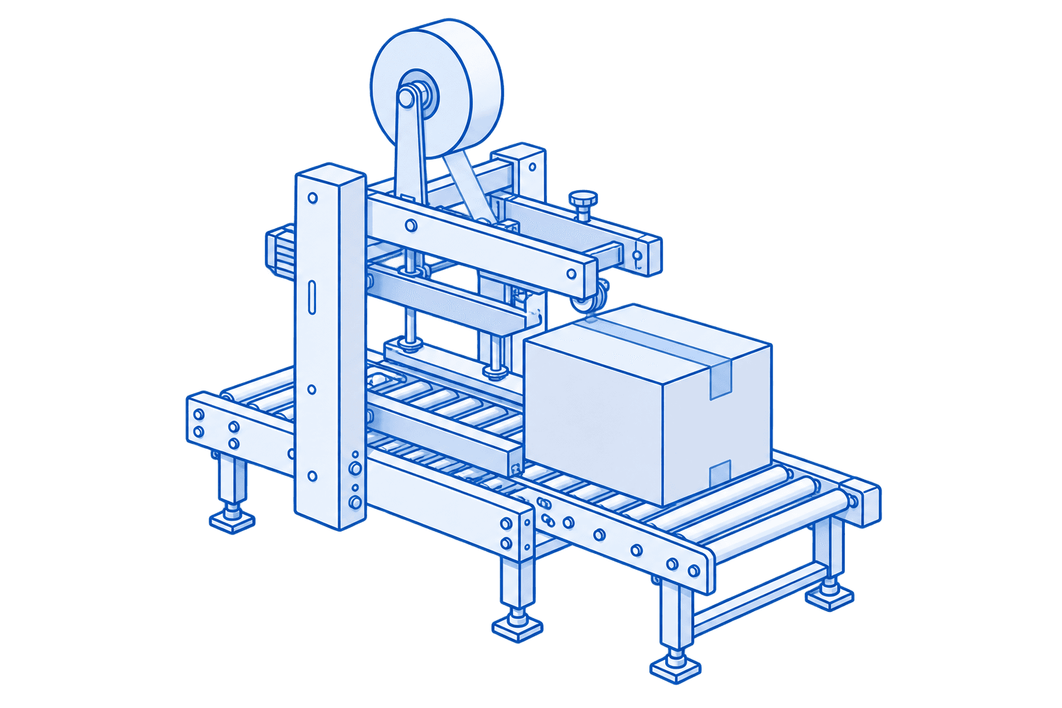 Case sealing machine closing and tape sealing a corrugated case