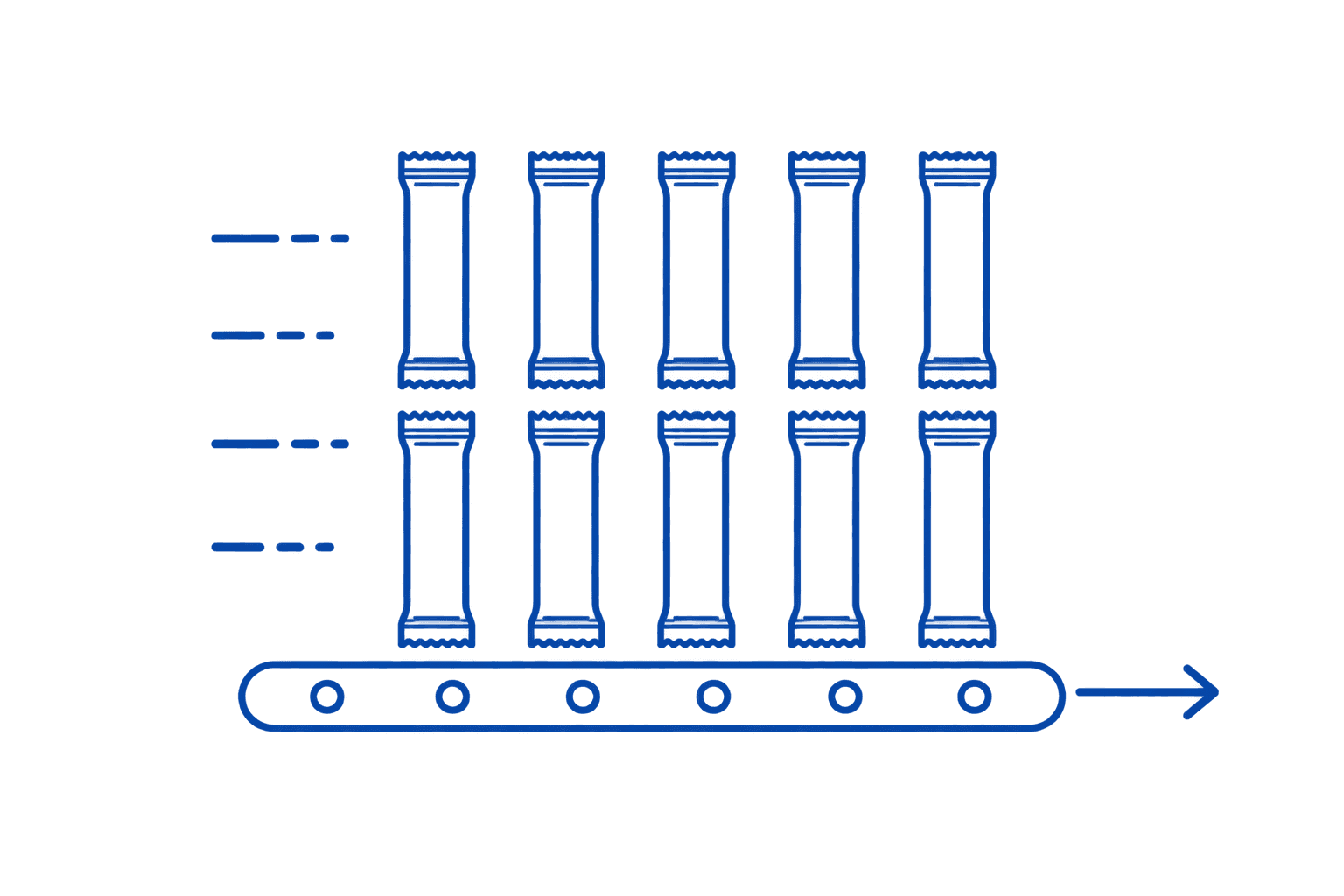 Sachet packing target output on a production conveyor